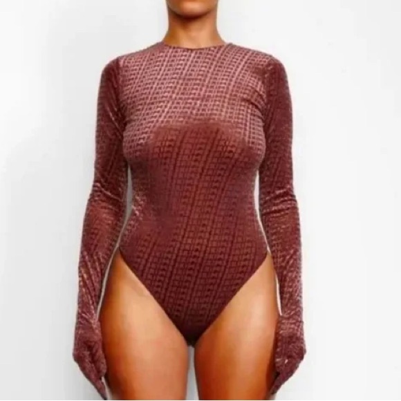 NWT SKIMS Velvet Glove Bodysuit Size M Chestnut Brown Logo Monogram Sheer - Picture 1 of 8